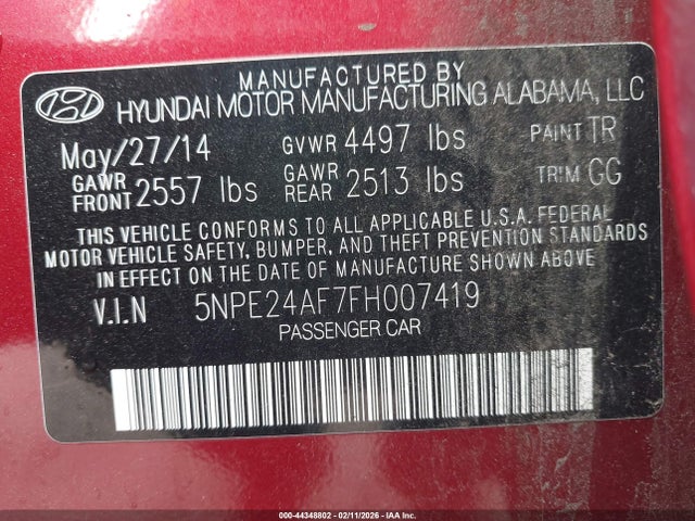 5NPE24AF7FH007419 Hyundai SONATA SE