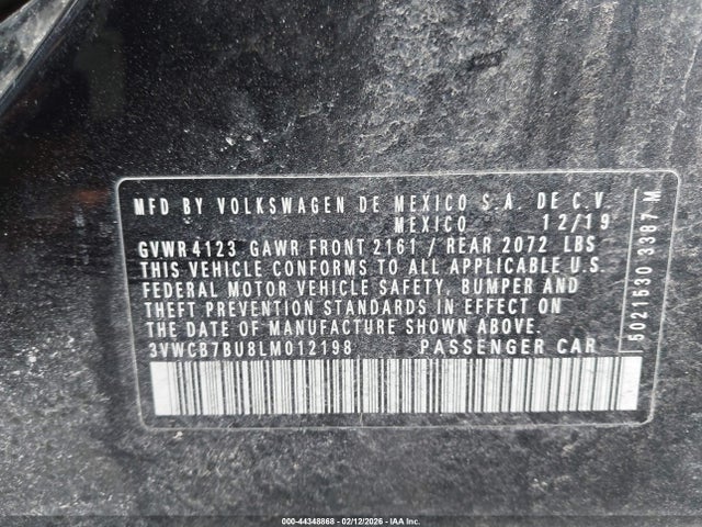 2020 Volkswagen Jetta მანქანა იყიდება აუქციონზე, vin: 3VWCB7BU8LM012198, აუქციონის ნომერი: 44348868