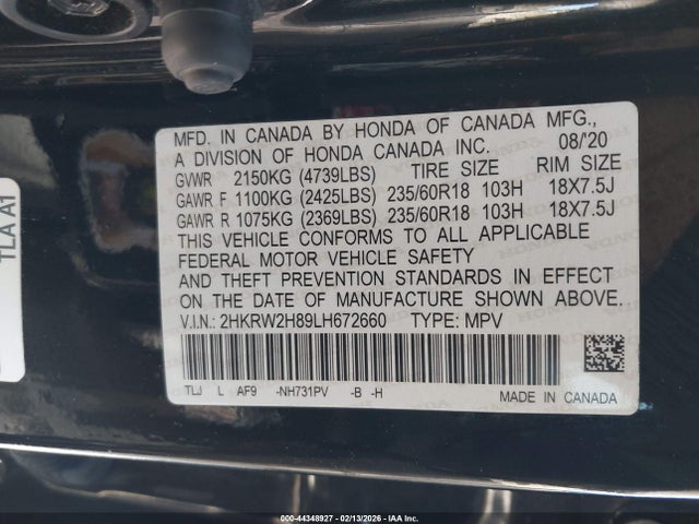 2HKRW2H89LH672660 Honda Cr-v Awd Ex-l