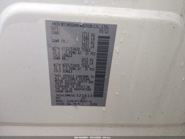 44348931 :رقم المزاد ، 5N1AL0MM2DC321613 vin ، 2013 Infiniti Jx35 مزاد بيع