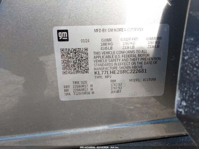 2024 Chevrolet Trax Fwd Lt მანქანა იყიდება აუქციონზე, vin: KL77LHE28RC222681, აუქციონის ნომერი: 44348959