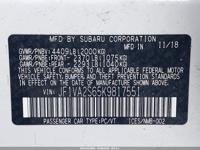 Subaru Wrx Sti 2019 JF1VA2S65K9817551 Image 9
