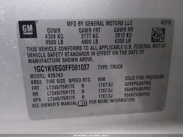 Auction sale of the 2015 Chevrolet Silverado 2500hd Lt, vin: 1GC1KVEG0FF581037, lot number: 44348993