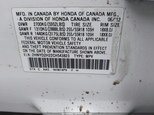 2012 Acura Mdx მანქანა იყიდება აუქციონზე, vin: 2HNYD2H22CH543823, აუქციონის ნომერი: 44349042