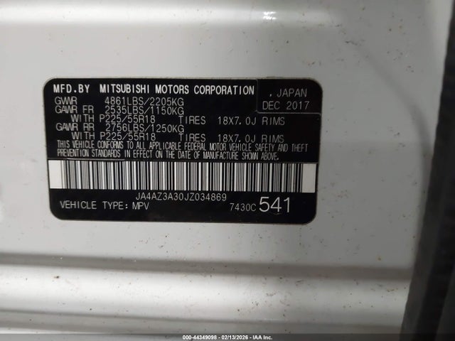 Aukcja sprzedaży 2018 Mitsubishi Outlander Sel, vin: JA4AZ3A30JZ034869, numer aukcji: 44349098
