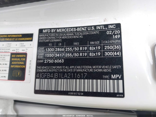 44349120 :رقم المزاد ، 4JGFB4JB1LA211617 vin ، 2020 Mercedes-benz Gle 350 مزاد بيع
