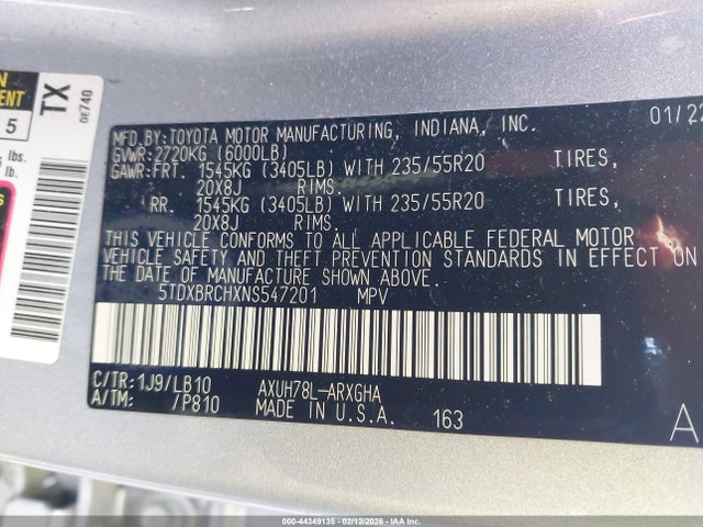 5TDXBRCHXNS547201 Toyota Highlander Hybrid Limited