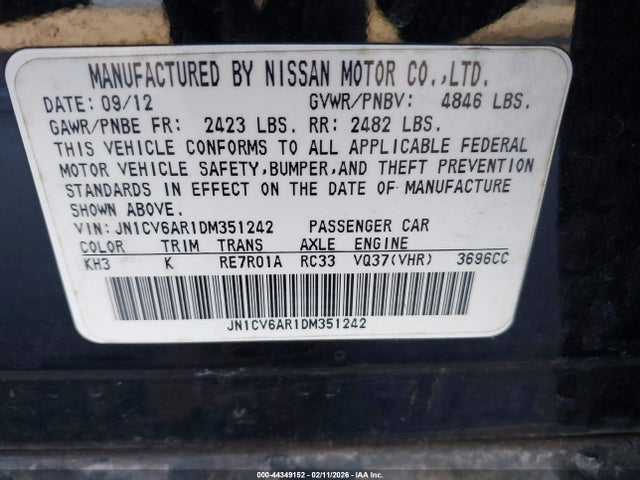Aukcja sprzedaży 2013 Infiniti G37x, vin: JN1CV6AR1DM351242, numer aukcji: 44349152