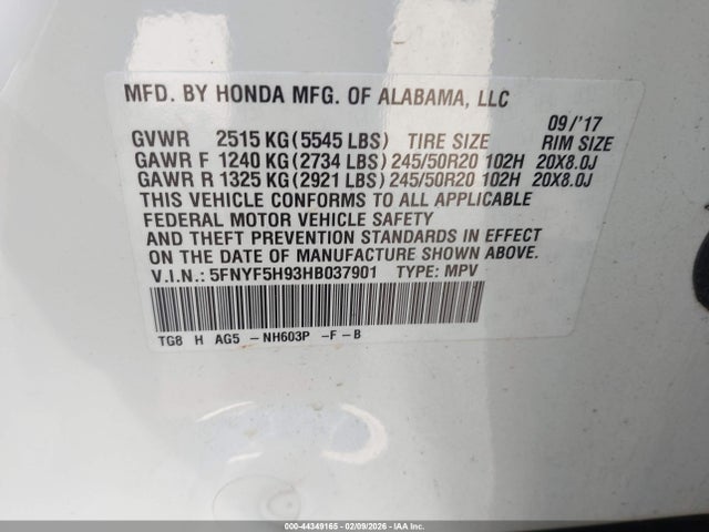 44349165 :رقم المزاد ، 5FNYF5H93HB037901 vin ، 2017 Honda Pilot Touring مزاد بيع