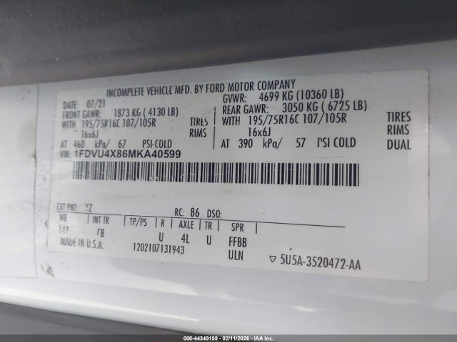 Продажа на аукционе авто 2021 Ford Transit-350 Passenger Van Xl, vin: 1FDVU4X86MKA40599, номер лота: 44349199