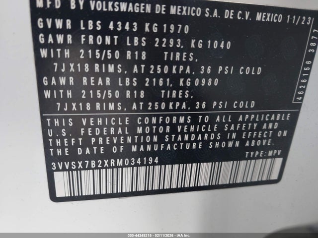 2024 Volkswagen Taos 1.5t Se მანქანა იყიდება აუქციონზე, vin: 3VVSX7B2XRM034194, აუქციონის ნომერი: 44349215