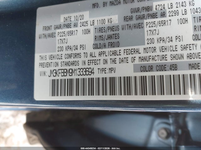 44349234 :رقم المزاد ، JM3KFBBM9M1333694 vin ، 2021 Mazda Cx-5 Sport مزاد بيع