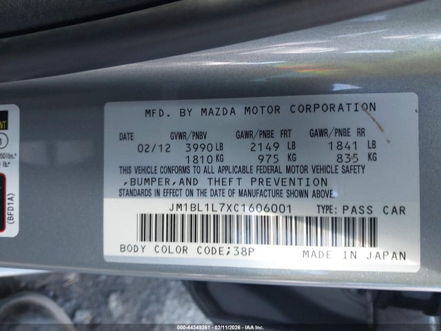 Aukcja sprzedaży 2012 Mazda Mazda3 I Touring, vin: JM1BL1L7XC1606001, numer aukcji: 44349261