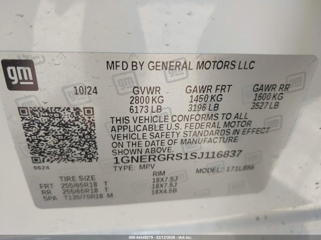 Aukcja sprzedaży 2025 Chevrolet Traverse Fwd Lt, vin: 1GNERGRS1SJ116837, numer aukcji: 44349279