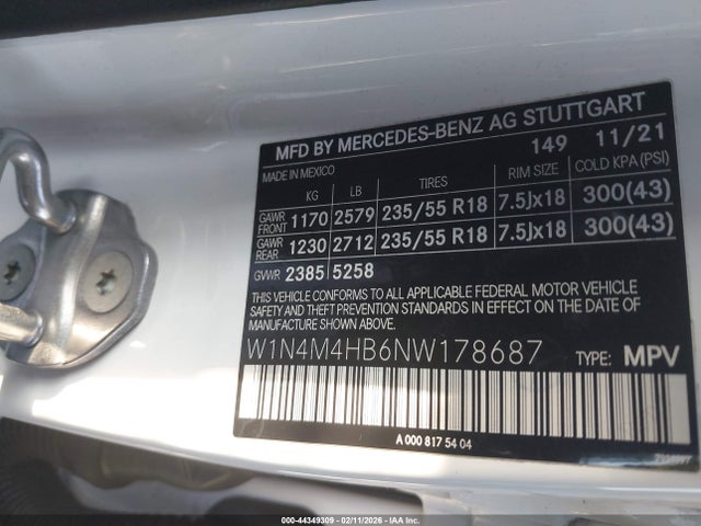 44349309 :رقم المزاد ، W1N4M4HB6NW178687 vin ، 2022 Mercedes-benz Glb 250 4matic مزاد بيع