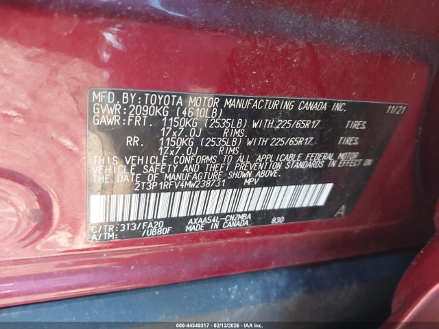 Aukcja sprzedaży 2021 Toyota Rav4 Xle, vin: 2T3P1RFV4MW238731, numer aukcji: 44349317