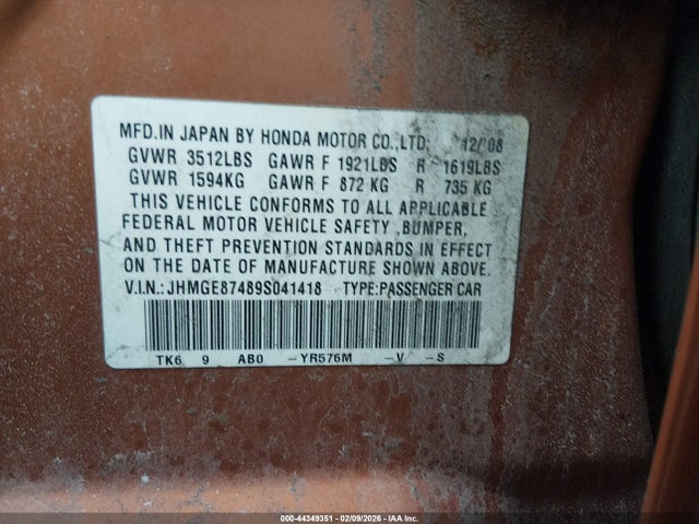 2009 HONDA FIT JHMGE87489S041418 Photo 8