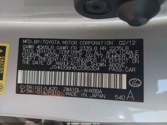 Aukcja sprzedaży 2012 Lexus Ct 200h Premium, vin: JTHKD5BH8C2085304, numer aukcji: 44349401