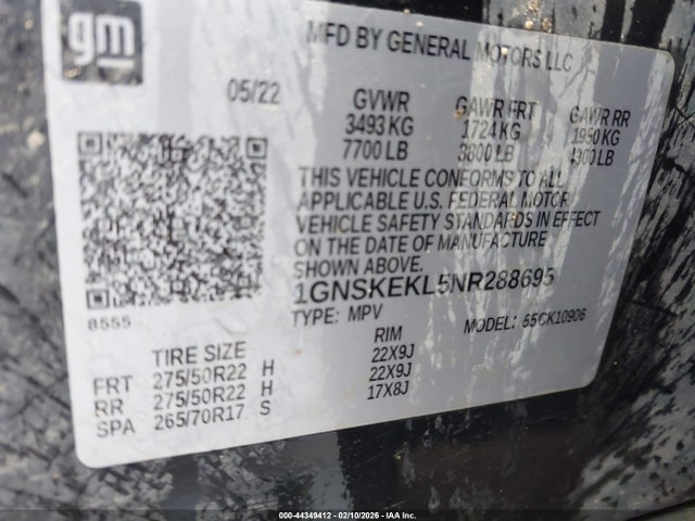 44349412 :رقم المزاد ، 1GNSKEKL5NR288695 vin ، 2022 Chevrolet Suburban 4wd Rst مزاد بيع