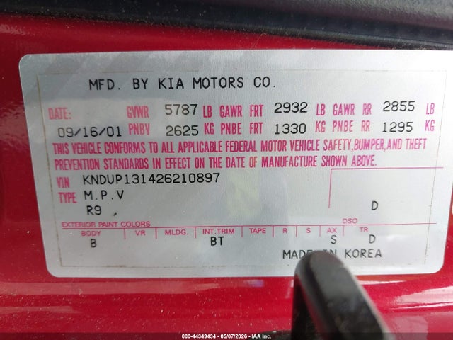 Продаж на аукціоні авто 2002 Kia Sedona Ex/lx, vin: KNDUP131426210897, номер лоту: 44349434