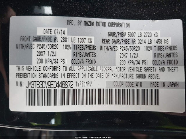 Продаж на аукціоні авто 2014 Mazda Cx-9 Grand Touring, vin: JM3TB3DV9E0446872, номер лоту: 44349451