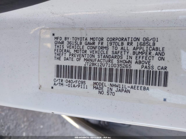 44349474 :رقم المزاد ، JT2BK12U710035265 vin ، 2001 Toyota Prius مزاد بيع