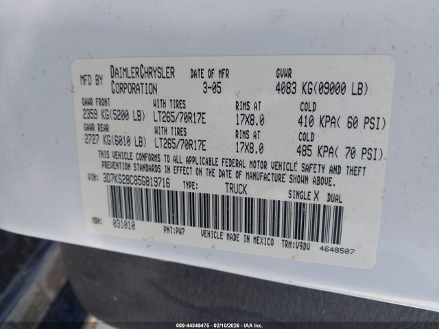 Aukcja sprzedaży 2005 Dodge Ram 2500 Slt/laramie, vin: 3D7KS28C85G819716, numer aukcji: 44349475
