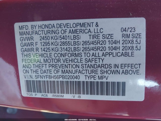 Aukcja sprzedaży 2023 Honda Passport Awd Ex-l, vin: 5FNYF8H56PB020040, numer aukcji: 44349496