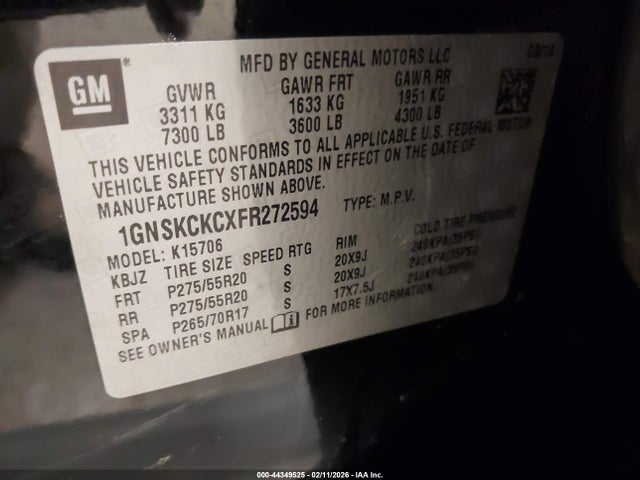 Продаж на аукціоні авто 2015 Chevrolet Tahoe Ltz, vin: 1GNSKCKCXFR272594, номер лоту: 44349525