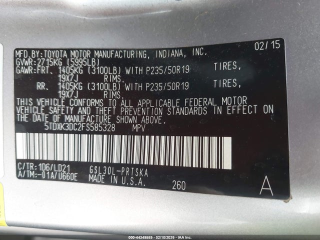 5TDXK3DC2FS585328 Toyota Sienna Se 8 Passenger