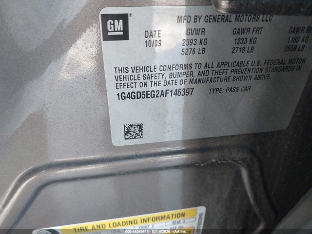 Aukcja sprzedaży 2010 Buick Lacrosse Cxl, vin: 1G4GD5EG2AF146397, numer aukcji: 44349618