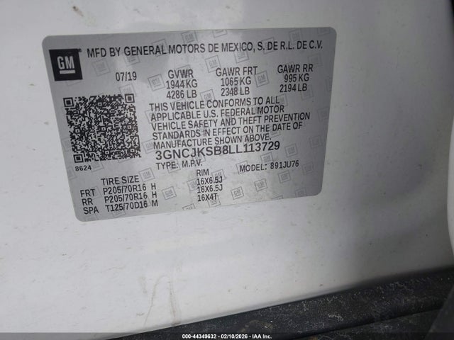 2020 Chevrolet Trax Fwd Ls მანქანა იყიდება აუქციონზე, vin: 3GNCJKSB8LL113729, აუქციონის ნომერი: 44349632