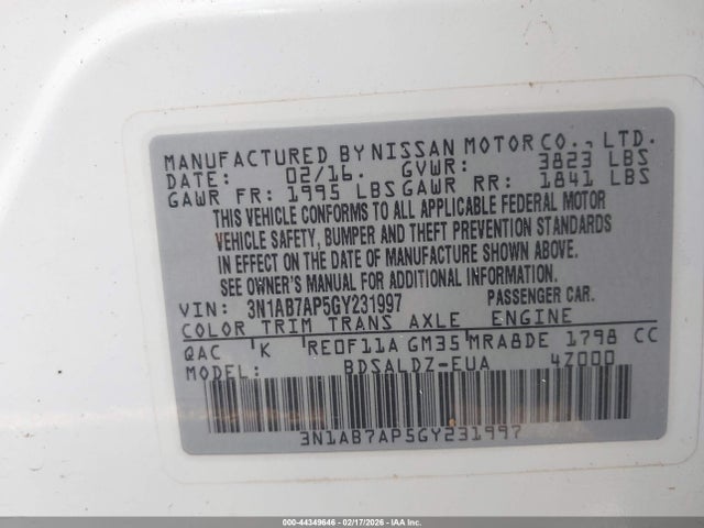 2016 Nissan Sentra Sv მანქანა იყიდება აუქციონზე, vin: 3N1AB7AP5GY231997, აუქციონის ნომერი: 44349646
