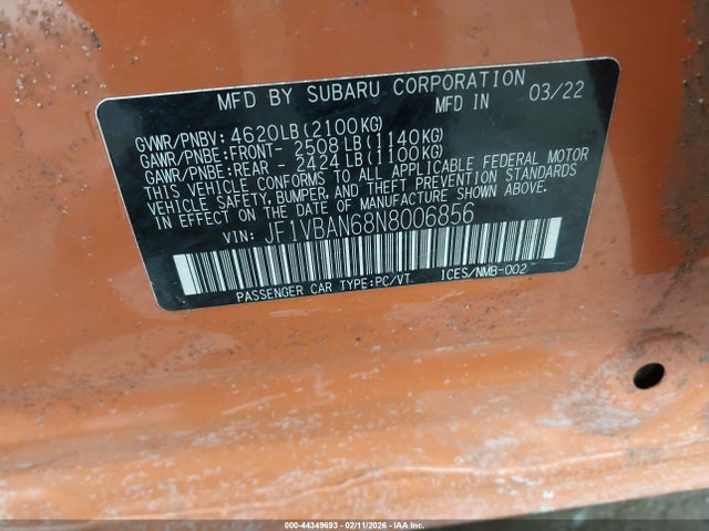 2022 SUBARU WRX JF1VBAN68N8006856 Photo 8