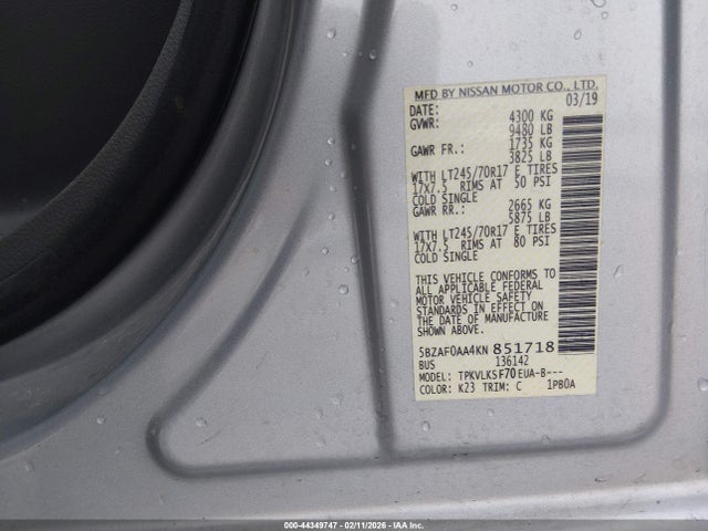 5BZAF0AA4KN851718 Nissan Nv Passenger Nv3500 Hd Sl V8