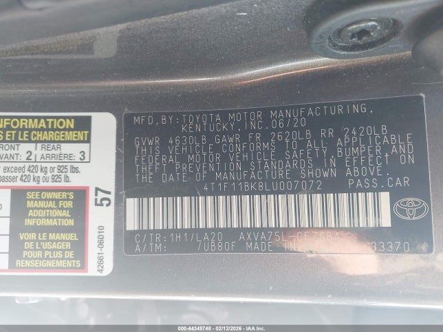 Toyota Camry Xle Awd 2020 4T1F11BK8LU007072 Image 9