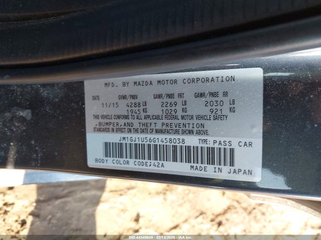 2016 Mazda Mazda6 I Sport მანქანა იყიდება აუქციონზე, vin: JM1GJ1U56G1458038, აუქციონის ნომერი: 44349845