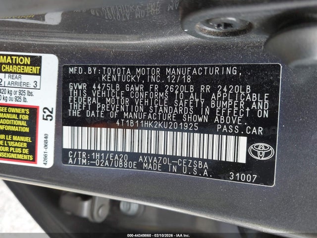 4T1B11HK2KU201925 Toyota CAMRY SE