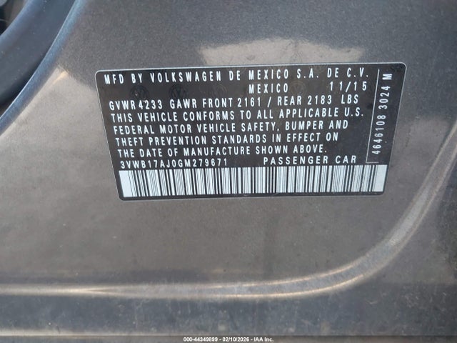 Aukcja sprzedaży 2016 Volkswagen Jetta 1.8t Sport, vin: 3VWB17AJ0GM279671, numer aukcji: 44349899