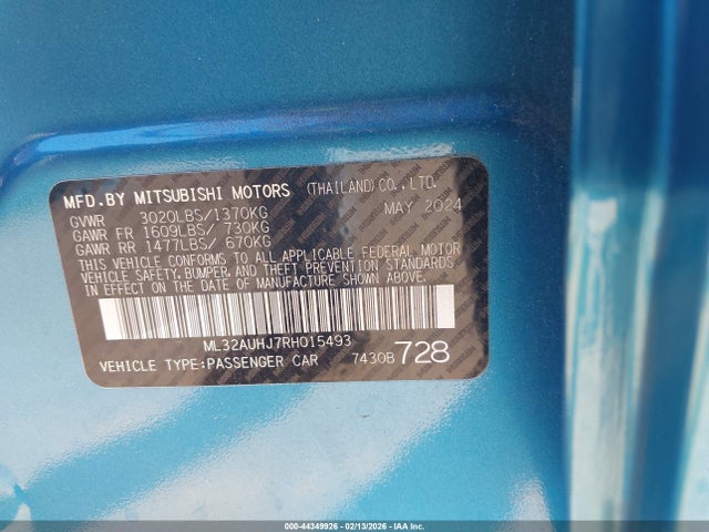 Продаж на аукціоні авто 2024 Mitsubishi Mirage Es/le, vin: ML32AUHJ7RH015493, номер лоту: 44349926