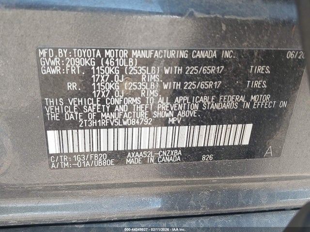 Aukcja sprzedaży 2020 Toyota Rav4 Le, vin: 2T3H1RFV5LW084792, numer aukcji: 44349927
