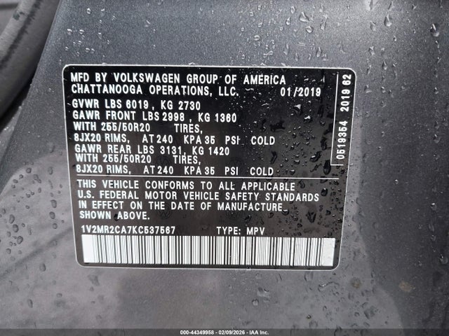 1V2MR2CA7KC537567 Volkswagen Atlas 3.6l V6 Sel