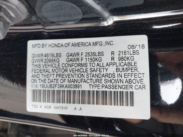 19UUB2F39KA003891 Acura Tlx Standard