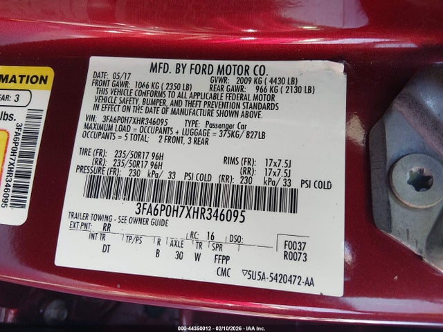 Aukcja sprzedaży 2017 Ford Fusion Se, vin: 3FA6P0H7XHR346095, numer aukcji: 44350012