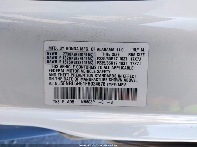 Honda Odyssey Ex-l 2015 5FNRL5H61FB024676 Image 9
