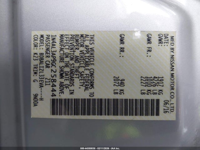 1N4AL3AP9GC258444 Nissan Altima 2.5 Sv