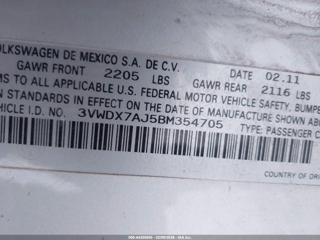 44350050 :رقم المزاد ، 3VWDX7AJ5BM354705 vin ، 2011 Volkswagen Jetta 2.5l Se مزاد بيع