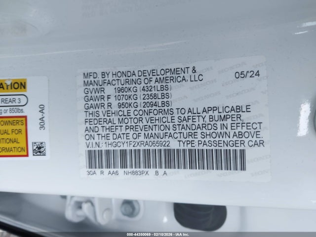 44350069 :رقم المزاد ، 1HGCY1F2XRA065922 vin ، 2024 Honda Accord Lx مزاد بيع