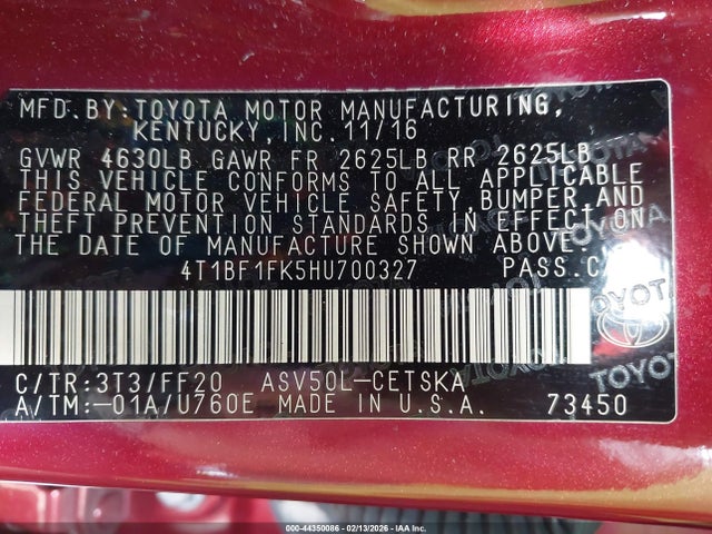 2017 Toyota Camry Se მანქანა იყიდება აუქციონზე, vin: 4T1BF1FK5HU700327, აუქციონის ნომერი: 44350086