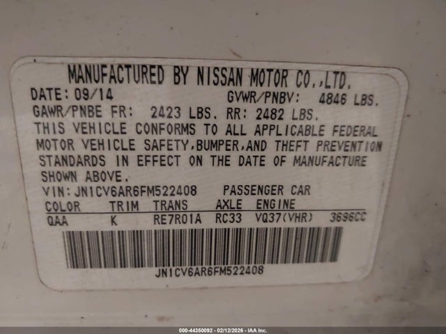 44350092 :رقم المزاد ، JN1CV6AR6FM522408 vin ، 2015 Infiniti Q40 مزاد بيع